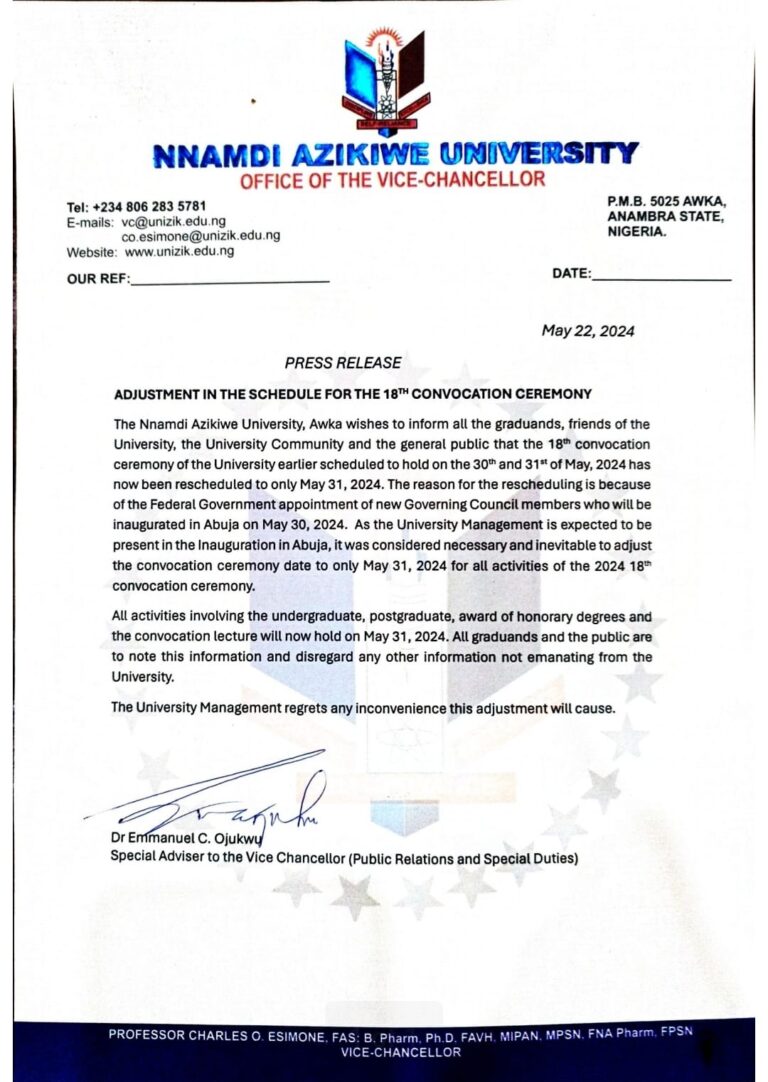 Governing Council: Nnamdi Azikwe Varsity Reschedules 18th Convocation