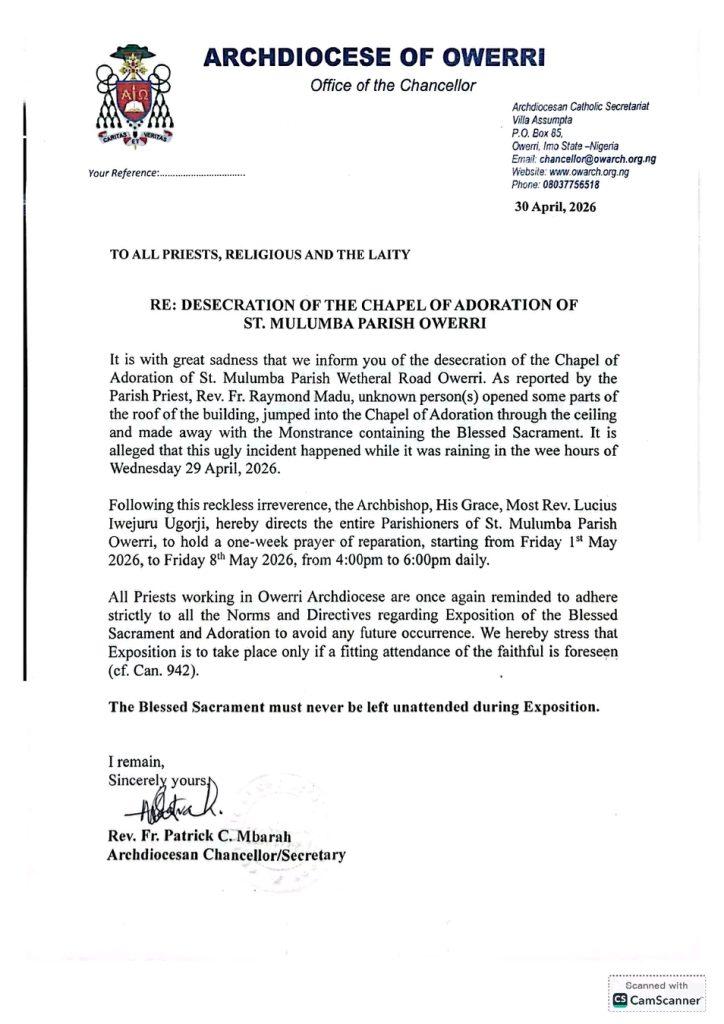 Outrage as Sacred Items Are Stolen from Owerri Parish Chapel